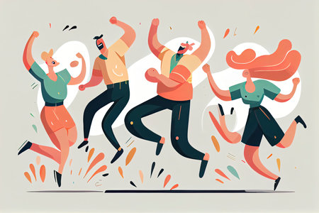 Happy people jumping celebrating victory. Flat cartoon characters illustration.Generative AIの素材