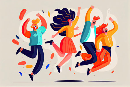 Happy people jumping celebrating victory. Flat cartoon characters illustration.Generative AIの素材