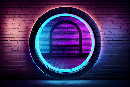 Circle shaped glowing neon frame on brick wall in dark room. Blue to purple or pink gradient color glow. Sci-fi, cyberpunk and disco concept. 3D illustration.Generative AIの素材