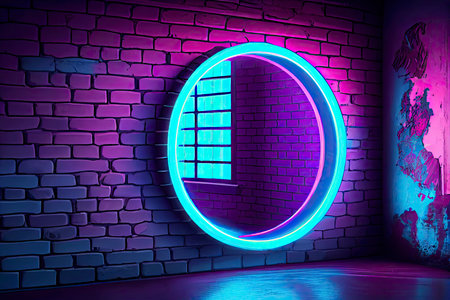 Circle shaped glowing neon frame on brick wall in dark room. Blue to purple or pink gradient color glow. Sci-fi, cyberpunk and disco concept. 3D illustration.Generative AIの素材