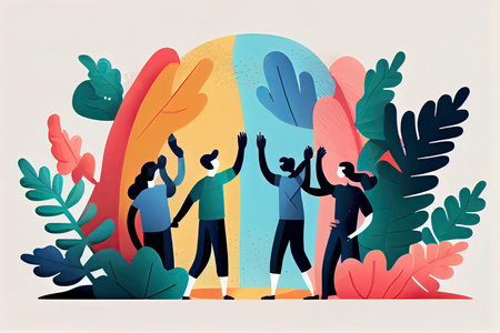 Celebrating International friendship day concept. Group of young positive people doing high five together, young generation celebrating social event holiday. Generative AIの素材