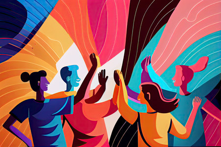 Celebrating International friendship day concept. Group of young positive people doing high five together, young generation celebrating social event holiday. Generative AIの素材