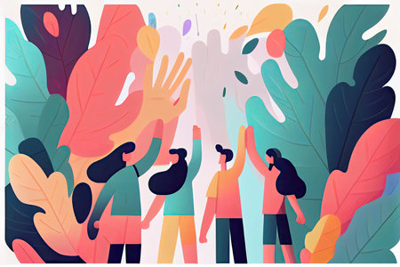 Celebrating International friendship day concept. Group of young positive people doing high five together, young generation celebrating social event holiday. Generative AIの素材
