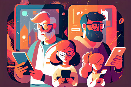 Family using smartphones and tablets, parents and kids with phones. Social media addiction.Generative AIの素材