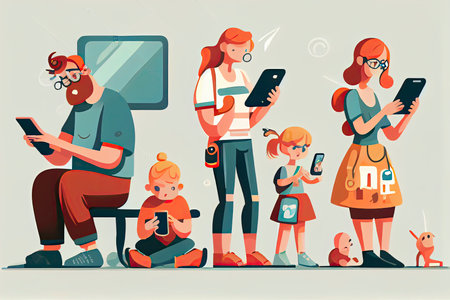 Family using smartphones and tablets, parents and kids with phones. Social media addiction.Generative AIの素材