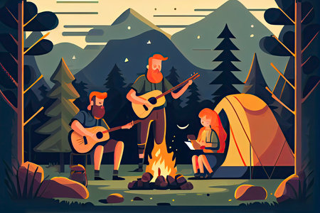 Happy family enjoying camping. Couple and kid playing guitar, singing at campfire flat vector illustration.Generative AIの素材
