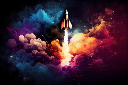 Rocket spaceship blasting off into outer space stars nebula constellation abstract vapor background.Generative AIの素材