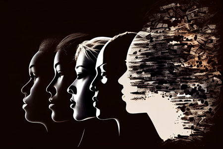 Woman face silhouette in profile with group of multicultural and multiethnic women faces inside .Generative AIの素材