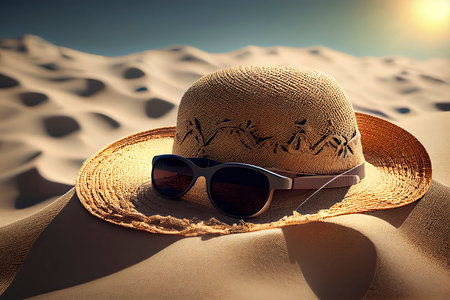 Sunglasses, straw hat and beach towel on sand.Generative AIの素材