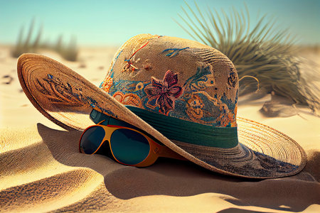 Sunglasses, straw hat and beach towel on sand.Generative AIの素材