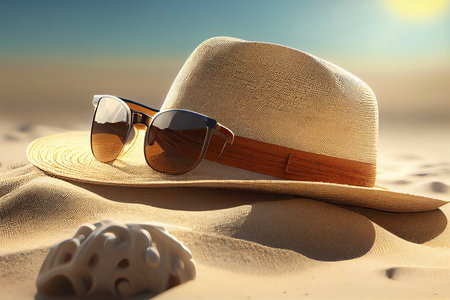 Sunglasses, straw hat and beach towel on sand.Generative AIの素材