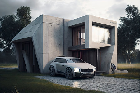 Concept of a home energy storage system based on a lithium ion battery pack situated in a modern garage with view on a vast landscape.Generative AIの素材