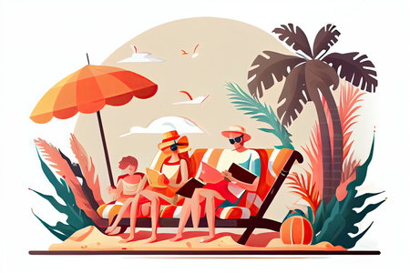 Beach time isolated cartoon vector illustration. Family members sunbathing at the beach.Generative AIの素材
