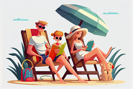 Beach time isolated cartoon vector illustration. Family members sunbathing at the beach.Generative AIの素材