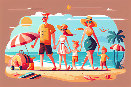 Happy family with two kids enjoy summer vacation on seaside. Summer travel and leisure on sea beach.Generative AIの素材