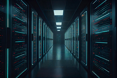 Corridor in Working Data Center Full of Rack Servers and Supercomputers with Internet connection Visualization Projection.Generative AIの素材