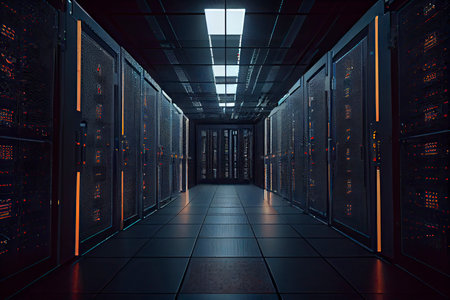 Corridor in Working Data Center Full of Rack Servers and Supercomputers with Internet connection Visualization Projection.Generative AIの素材