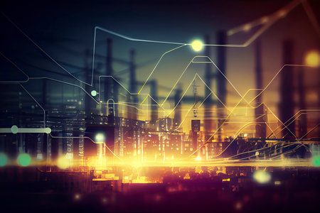 Smart industry concept with blurred city lights at night.Generative AIの素材