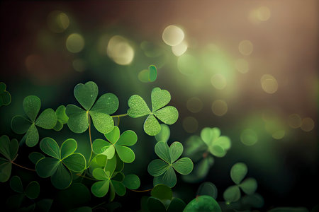St. Patrick's Day abstract green background decorated with shamrock leaves.Generative AIの素材