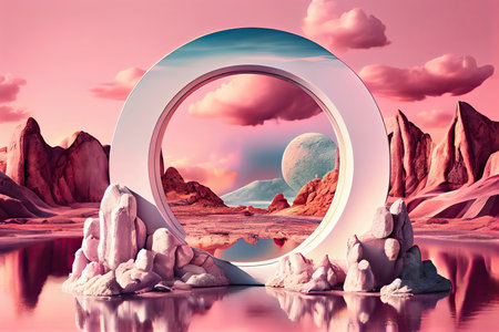 abstract panoramic background. Fantastic landscape with water, rocks, round mirror.Generative AIの素材
