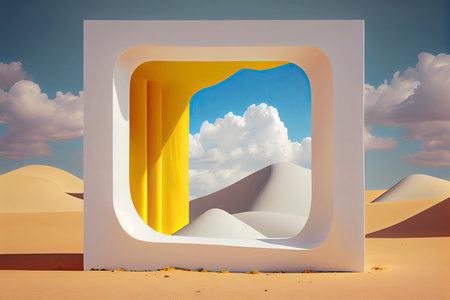 Surreal desert landscape with white clouds going into the yellow square portals on sunny day.Generative AIの素材