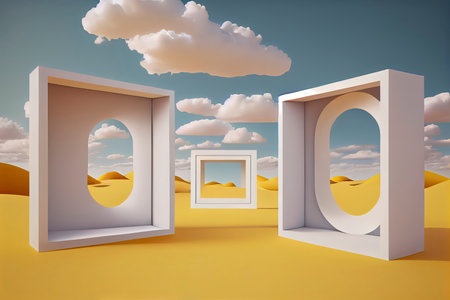Surreal desert landscape with white clouds going into the yellow square portals on sunny day.Generative AIの素材