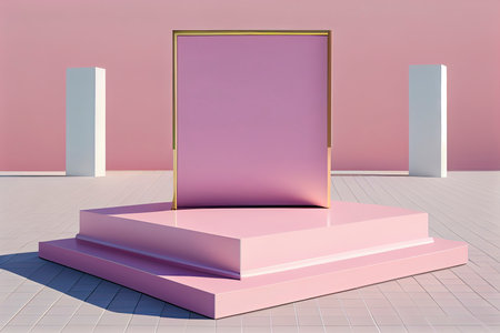 Square pink podium in an outdoor minimalist scene for a product presentation in 3D rendering.Generative AIの素材
