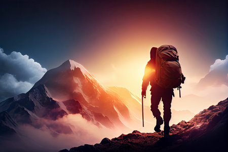 Hiker goes against sky and sun. Hiking concept.Generative AIの素材