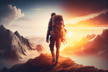 Hiker goes against sky and sun. Hiking concept.Generative AIの素材