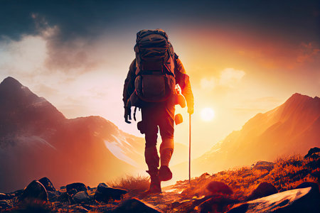Hiker goes against sky and sun. Hiking concept.Generative AIの素材