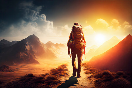 Hiker goes against sky and sun. Hiking concept.Generative AIの素材
