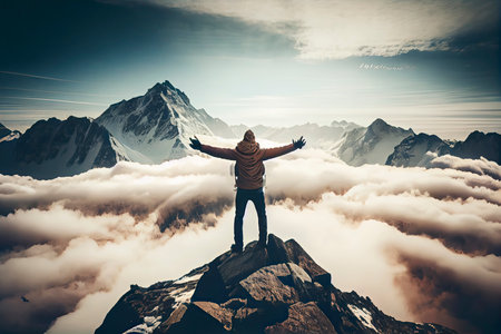Man traveler on mountain summit enjoying nature view with hands raised over clouds - Sport.Generative AIの素材