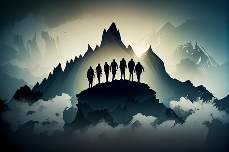 Silhouette of the team on the mountain. Leadership Concept.Generative AIの素材