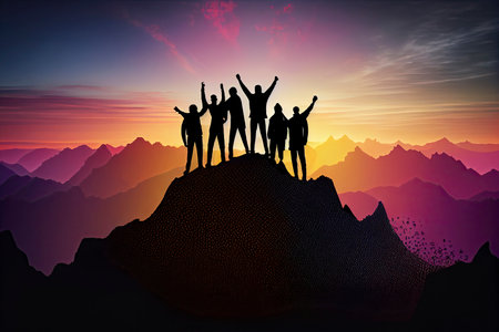 Silhouette of the team on the mountain. Leadership Concept.Generative AIの素材