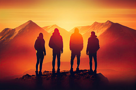 Team success concept photo, friends standing together on the top of the hill, over beautiful mountains landscape in gold sunset light.Generative AIの素材