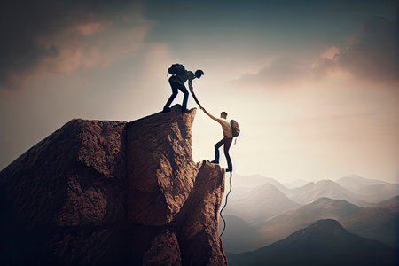 Team work, life goals and self improvement concept. Man helping his female climbing partner up a steep edge of a mountain.Generative AIの素材