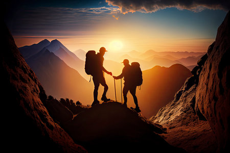 Team work, life goals and self improvement concept. Man helping his female climbing partner up a steep edge of a mountain.Generative AIの素材