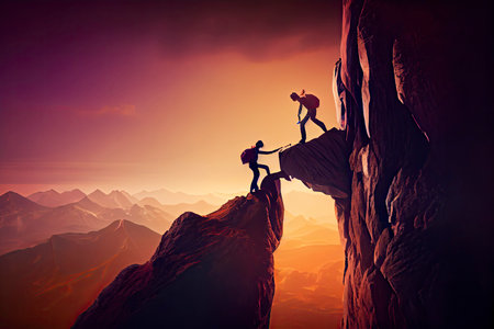 Team work, life goals and self improvement concept. Man helping his female climbing partner up a steep edge of a mountain.Generative AIの素材