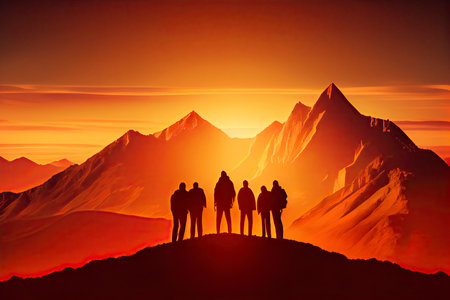 Team success concept photo, friends standing together on the top of the hill, over beautiful mountains landscape in gold sunset light.Generative AIの素材