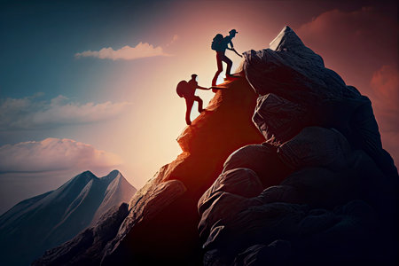 Team work, life goals and self improvement concept. Man helping his female climbing partner up a steep edge of a mountain.Generative AIの素材