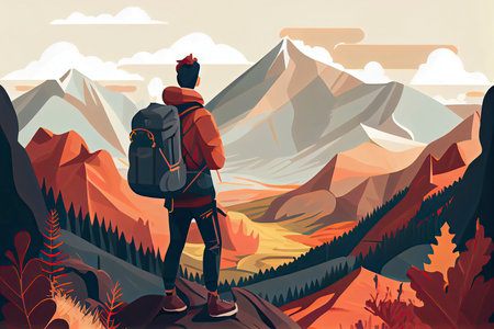 Man with backpack, traveller or explorer standing on top of mountain or cliff and looking on valley.Generative AIの素材