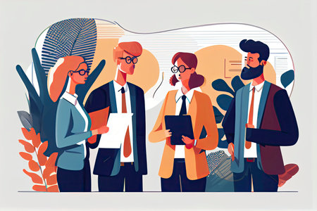 Group of happy business people. Project discussion. Cartoon style. Teamwork. Generative AIの素材