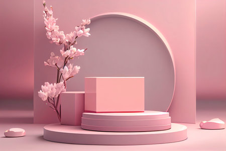 pink podium display. Sakura pink flower on pastel silk cloth. Cosmetic.Generative AIの素材