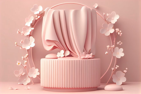 pink podium display. Sakura pink flower on pastel silk cloth. Cosmetic.Generative AIの素材