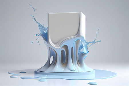 3D white background. Pedestal podium with water splash swirl in studio. Blue liquid fresh flow with display.Generative AIの素材