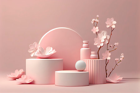 pink podium display. Sakura pink flower on pastel silk cloth. Cosmetic.Generative AIの素材