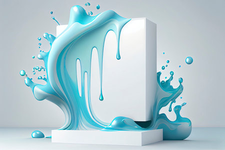 3D white background. Pedestal podium with water splash swirl in studio. Blue liquid fresh flow with display.Generative AIの素材