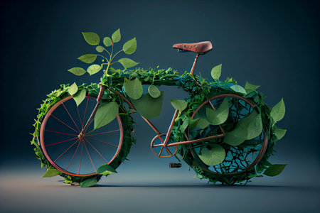 Bicycle covered with green leaf tendril, eco and environment concept, sustainable transport and travel.Generative AIの素材