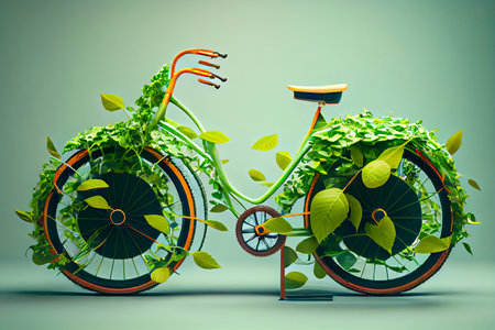 Bicycle covered with green leaf tendril, eco and environment concept, sustainable transport and travel.Generative AIの素材