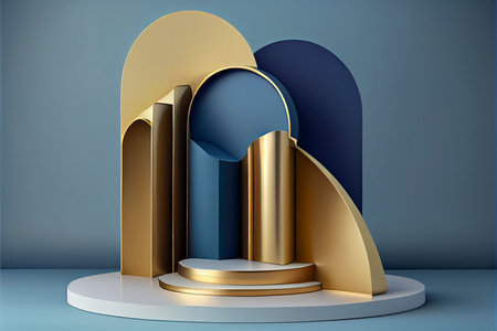 3d render of blue and gold podium. Background with geometric composition.Generative AIの素材